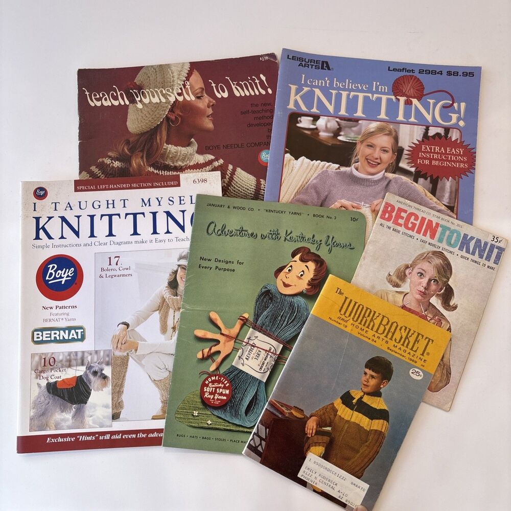 Vtg Lot of 6 Learn Begin 2 Knitting Crochet Instruction Booklets Leisure Arts